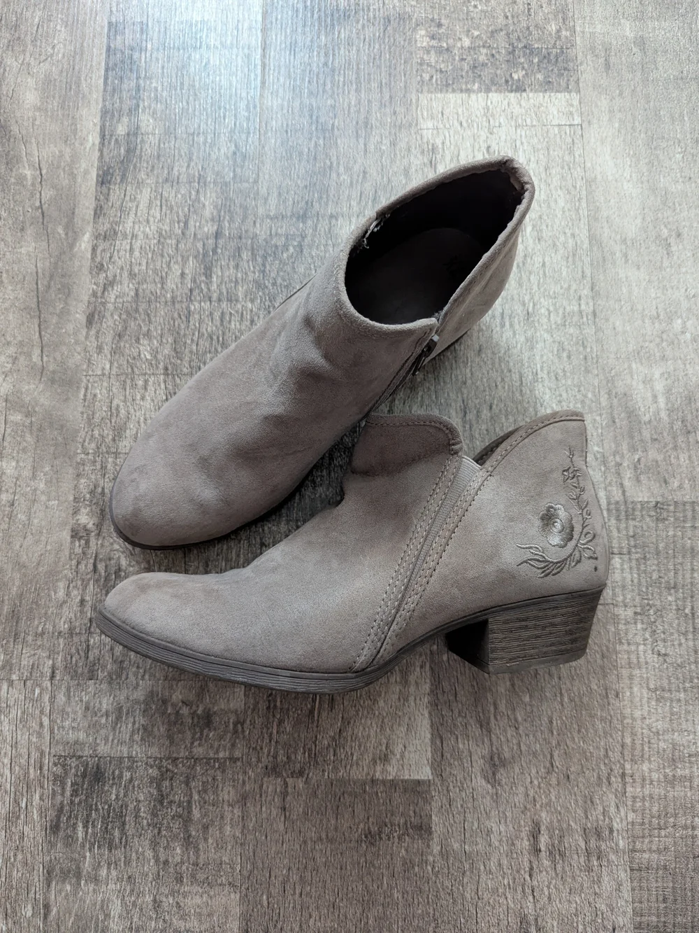 Time and Tru Taupe Suede-Look Embroidered Ankle Booties